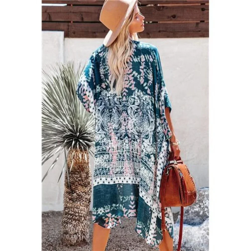 Boho Blue Tie Dye Printed Cardigan Long Kimono Duster Bikini Swimsuit‎ Coverup - Picture 1 of 6